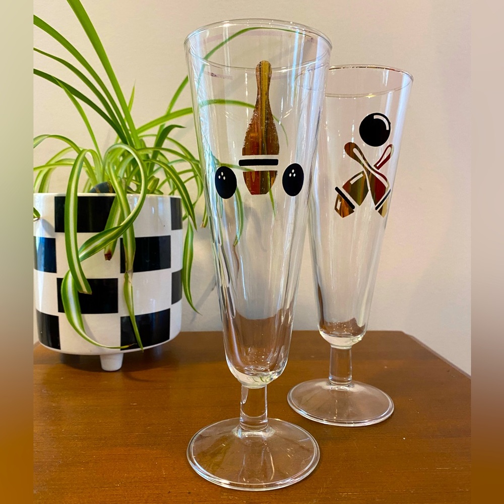 Vintage Pilsner Glasses with Bowling Motif